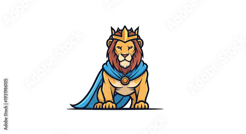 A cartoon lion king wearing a golden crown and blue cape, sitting proudly
