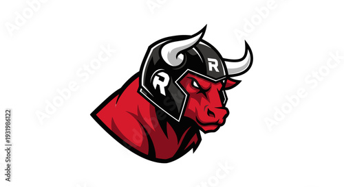 A red bull head in profile wearing a black helmet, white horns and letter "R" details