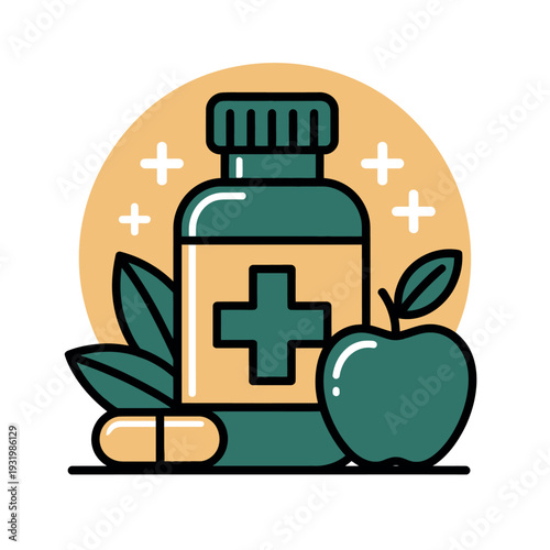 A green medicine bottle with a cross and an apple, surrounded by leaves and pills on a white background