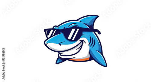 A cartoon shark wearing sunglasses and a toothy grin, in shades of blue