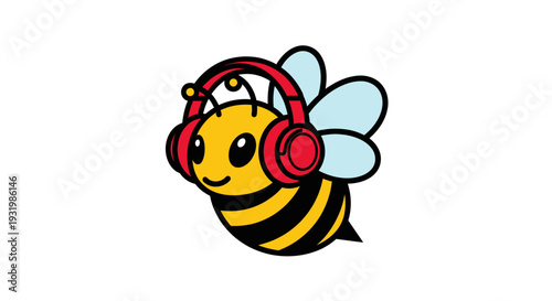 A cartoon bee wearing red headphones, smiling, with wings, on a white background