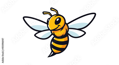 A cartoon-style depiction of a friendly, smiling bee with outstretched wings on a white background