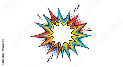 A vibrant multi-colored comic book style explosion or starburst graphic with jagged edges and halftone dots is centered on a pure white background.