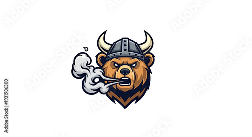 A fierce bear head wearing a Viking helmet exhales smoke, with a fierce expression
