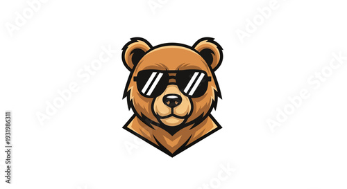A cartoon bear head, wearing sunglasses, set against a white background