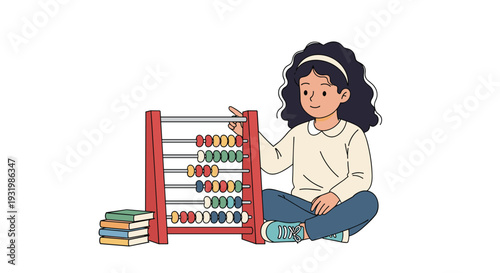 A young girl with wavy dark hair sits on the floor, holding a colorful wooden abacus with a stack of books beside her.