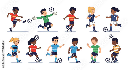 A diverse group of ten young children are actively playing soccer in various dynamic poses, isolated on a clean white background.