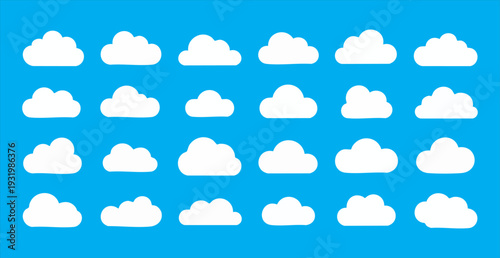 Clouds set on blue sky background. different shapes of white fluffy clouds cartoon vector illustration