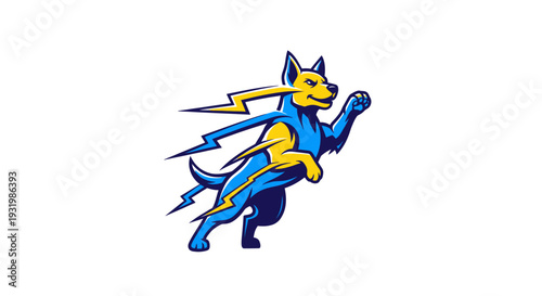 Stylized blue and yellow dog mascot leaping, with lightning bolts emanating from it