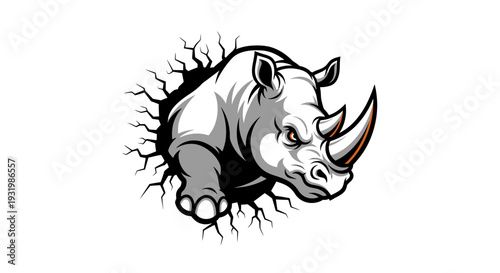A stylized rhino bursts from a wall, showcasing a graphic, animal-themed illustration