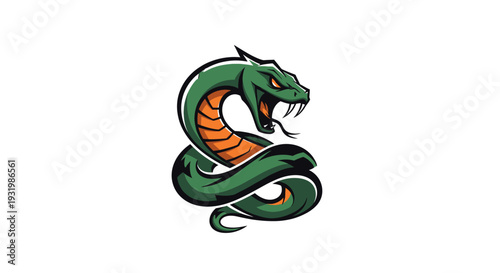 A stylized green snake with orange underbelly, ready to strike, set against white