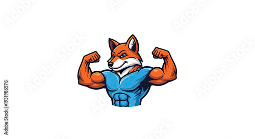 A muscular fox, flexing biceps, wearing a blue shirt. Stylized, cartoonish image on white