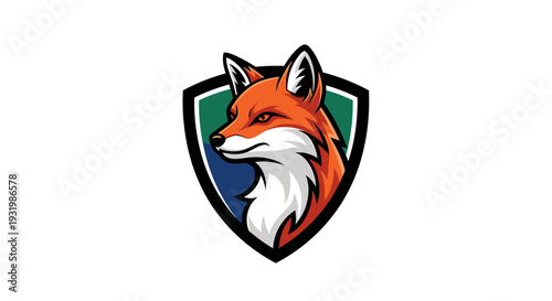 Cartoon fox head in shield, looking left, with white space. Bold colors and graphic style