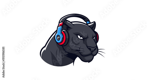 An illustration of a black panther head wearing headphones with blue and red accents