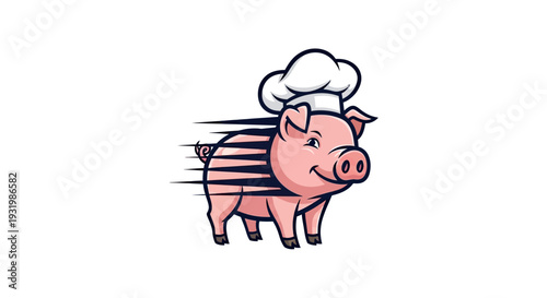 A cartoon pig, wearing a chef's hat, with speed lines, appearing to be in motion, on white