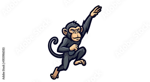 A cartoon-style monkey in mid-leap, reaching upwards with a determined expression