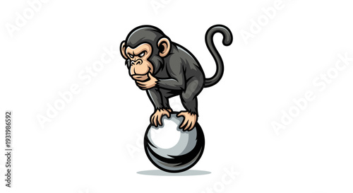 Cartoon chimpanzee in thought stands atop a silver sphere. Isolated on white