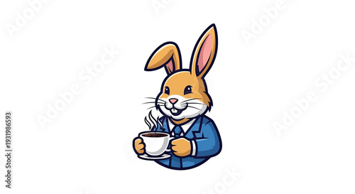 A friendly bunny in a suit holds a cup of coffee, steam rising. Cartoon style