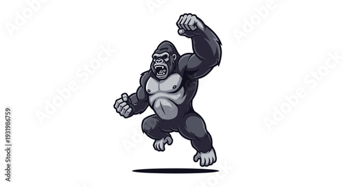A cartoon-style gorilla in a dynamic pose, jumping with one fist raised. White background