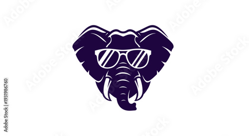 Stylized elephant head in dark purple with sunglasses on a white background