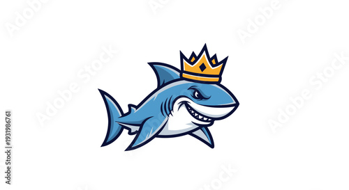 Cartoon shark wearing a golden crown, smiling with sharp teeth on white background