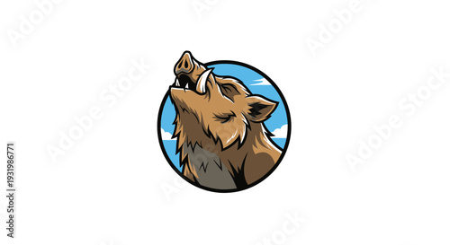 A brown wild boar head looking up, tusk showing in a round frame of blue sky