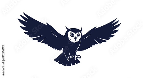 A navy-blue owl silhouette with outstretched wings against a white background