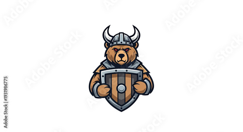 A fierce bear warrior, clad in armor and horned helmet, holding a shield