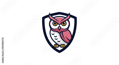 A pink owl emblem in a shield. It has yellow eyes and a white chest, set on white