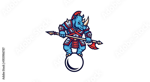 A blue rhino in armor balances on a ball, holding a spear and axe