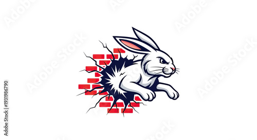 A white rabbit bursts from a cracked brick wall with determined expression