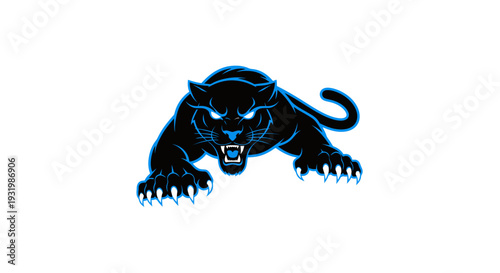 A stylized black panther, outlined in blue, crouches menacingly, against white background