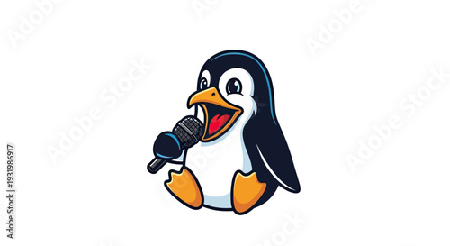 A cartoon penguin with dark blue and white plumage holds a microphone, mid-song, on a white field