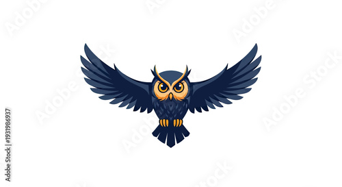 A blue owl with orange eyes and chest, wings spread, on white