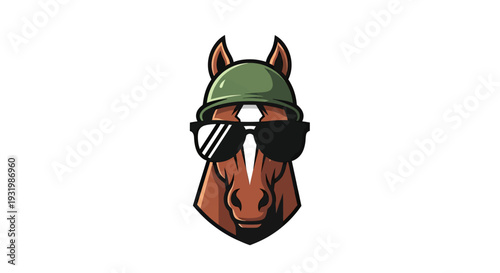 Cartoon-style horse head wearing sunglasses and helmet, isolated on white