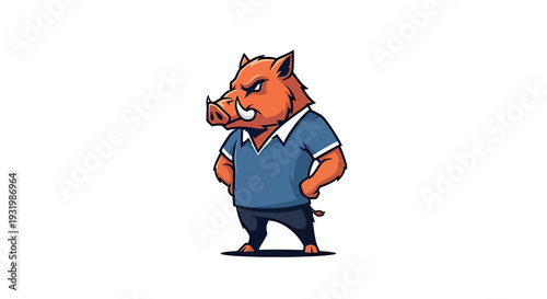 A cartoonish boar character, dressed in a polo, stands confidently on a white background