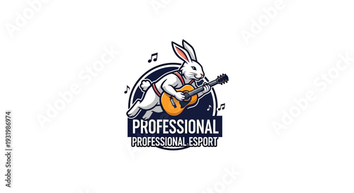 A white rabbit, playing a yellow guitar, set against a dark circle, with musical notes