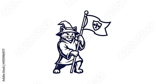 Cartoon cat wizard bearing a flag with a crest, in a minimalist, navy illustration