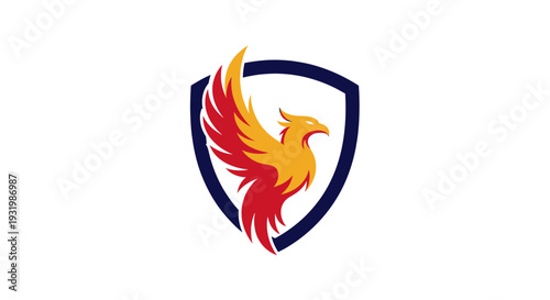 A vibrant phoenix in flight, enclosed within a dark blue shield on a white background