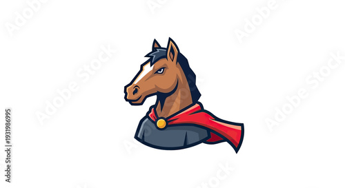 A brown horse head, wearing a black top and red cape with a gold clasp on a white background