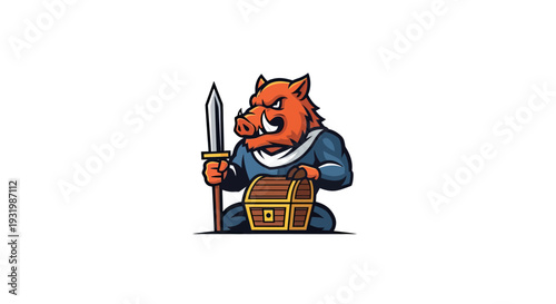 A fierce warthog with a spear and a treasure chest. It has a blue shirt and is ready