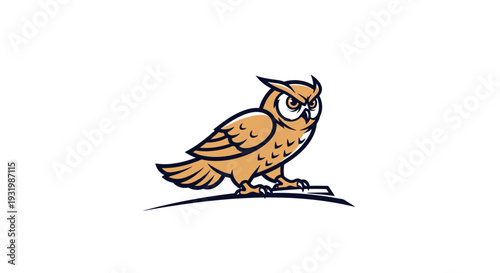 A detailed cartoon illustration shows a watchful owl with piercing eyes. It is perched on a curved platform