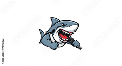 Cartoon illustration of a shark singing into a microphone with angry expression