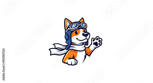 A cartoon dog with aviator gear waves to the viewer against a white background
