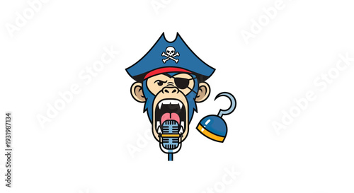 Cartoon monkey pirate singing into a microphone, with a hook. White background