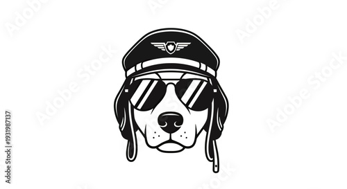 Black and white illustration of a dog's head wearing a pilot's hat and sunglasses