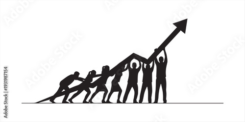 Teamwork and collaboration concept with people pushing an upward arrow