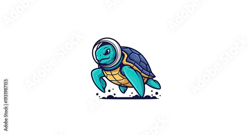 Cartoon sea turtle in spacesuit, running on a white background. Colorful illustration, cute and playful