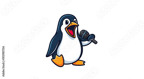 A cartoon penguin with dark blue and white plumage holds a microphone, mid-song, on a white background