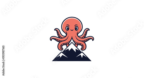 A cartoon octopus with large eyes sits atop a mountain peak, against a white background